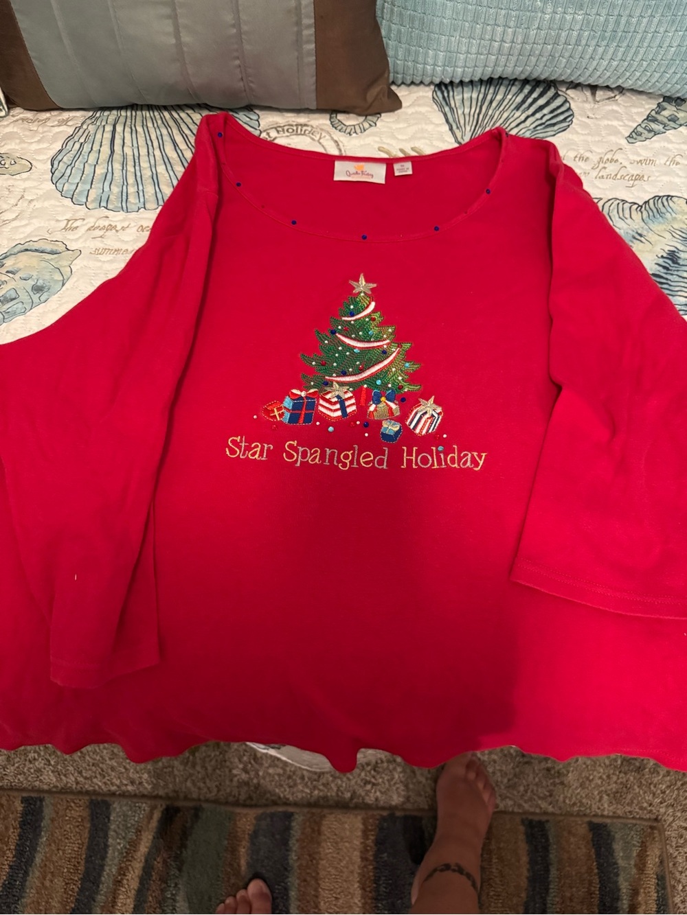 Quacker Factory Red Embroidered Christmas Tree Tunic